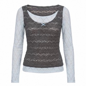 [YOSHUYUKI] blue-gray lace fake two-piece knitted top
