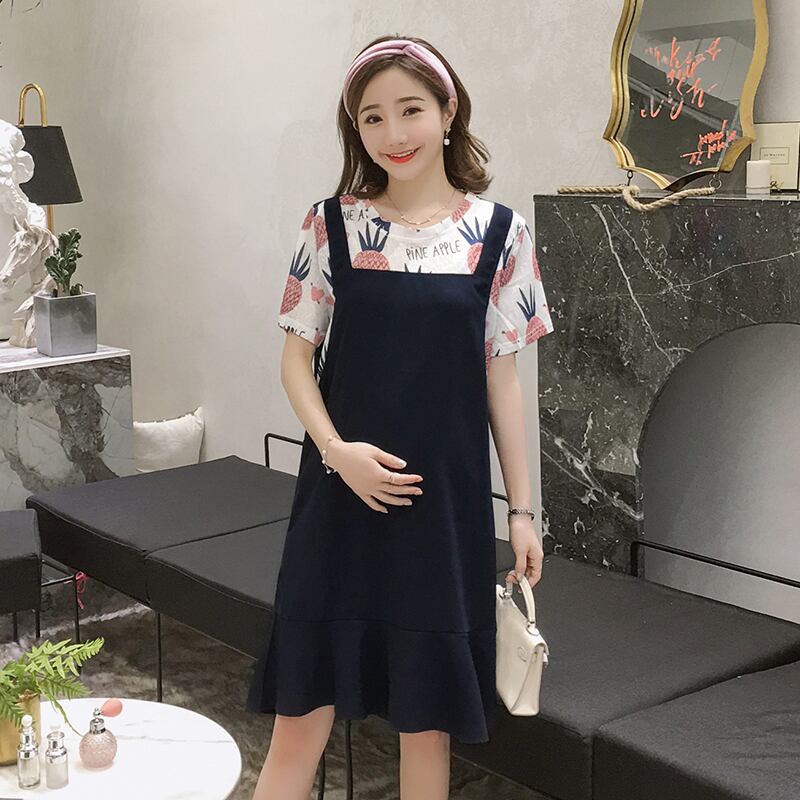 【新作】【送料無料】 マタニティ服夏のフルーツ印刷ワンピースレイヤールック妊娠中のドレス服妊娠中の女性ルーズママドレス サマー 夏物 AL expec348055654489