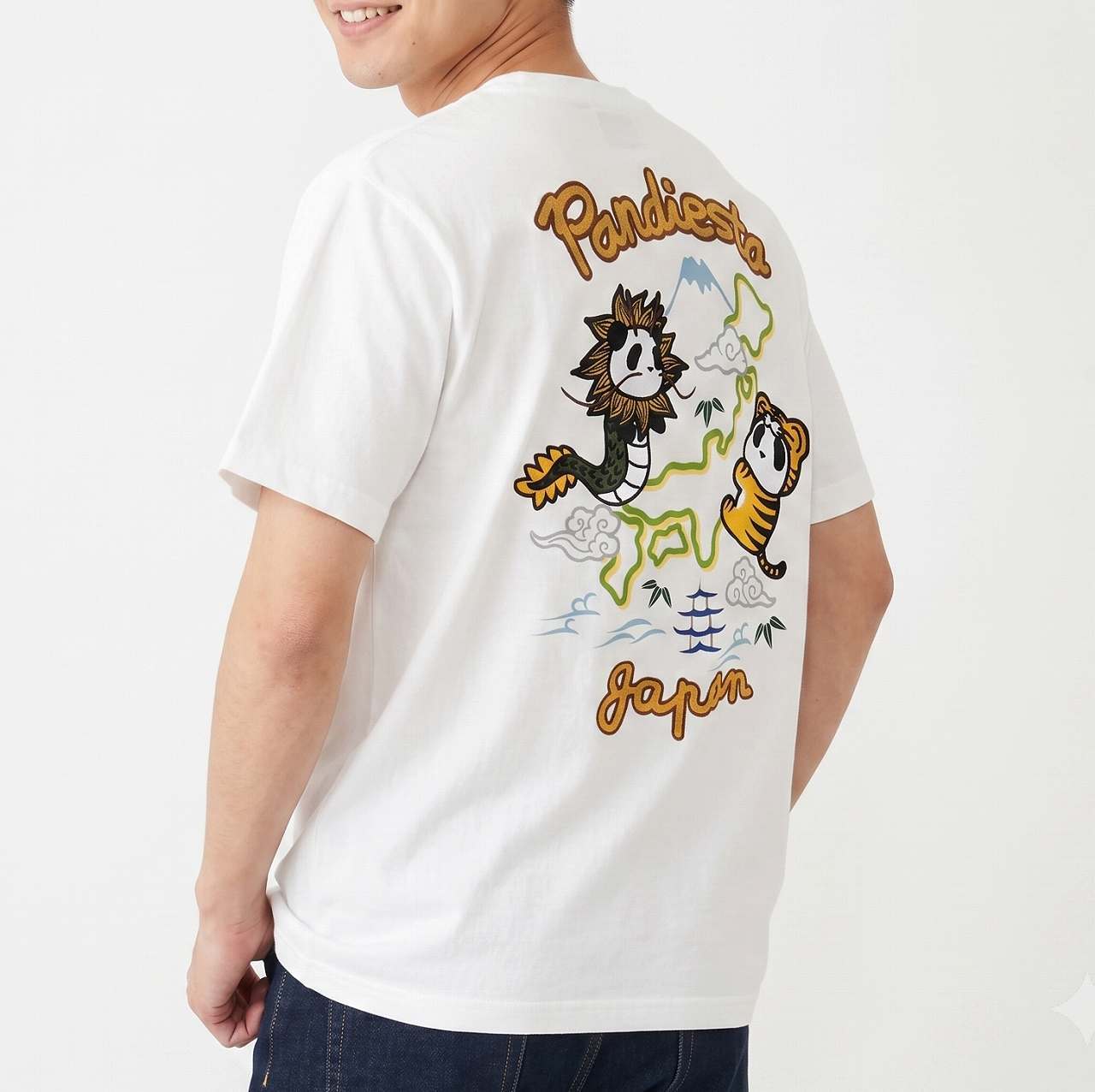 パンディエスタ Tシャツ XXL ホワイト 龍虎 日本列島 刺繍 綿100
