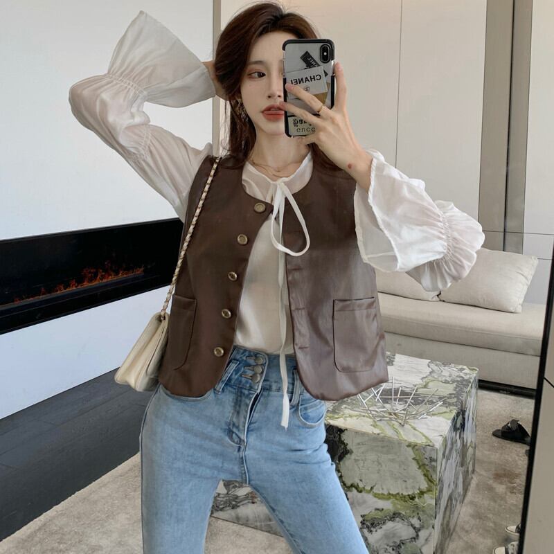 オータムスタイルレディーススタンダードスリーブトップス レザー ロング レトロ 秋物 ガールズファッション51225405419