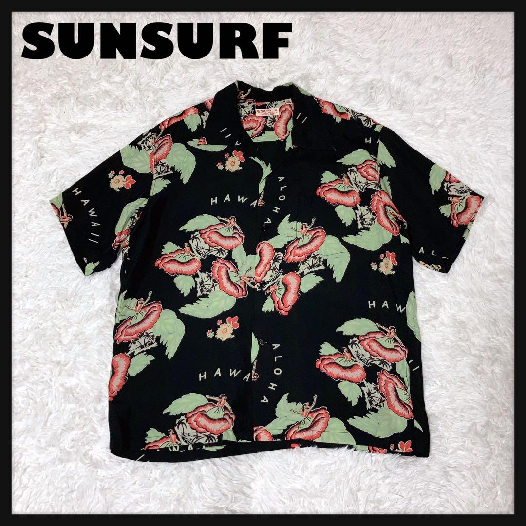 美品】SUNSURF アロハシャツ 半袖 開襟 花火 総柄 紺 L 【公式通販】