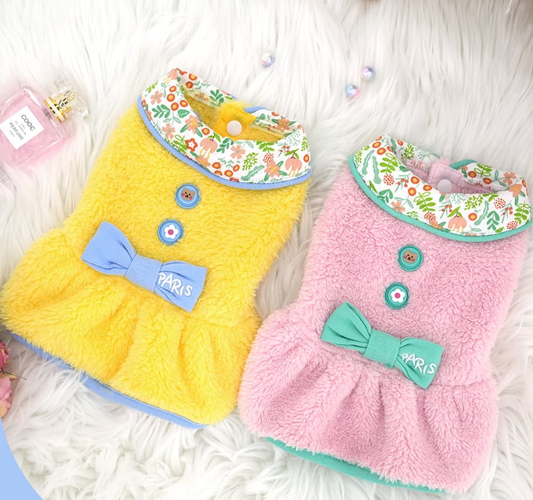 big ribbon fleece onepiece S ~ XL 2color / 犬服 新作 ドレス 暖かい フリース ドッグウェア ワンピース 袖なし 犬の服 ワンコ服 可愛い 猫