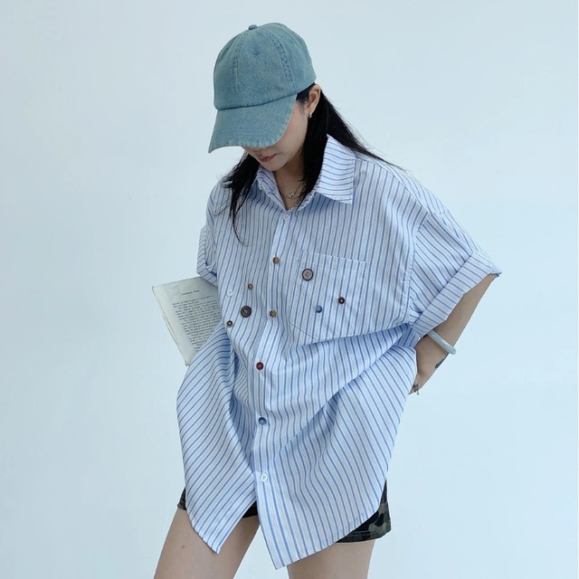 blue stripe multi-button short-sleeve shirt　ブルーストライプマルチボタン半袖シャツ　J2090
