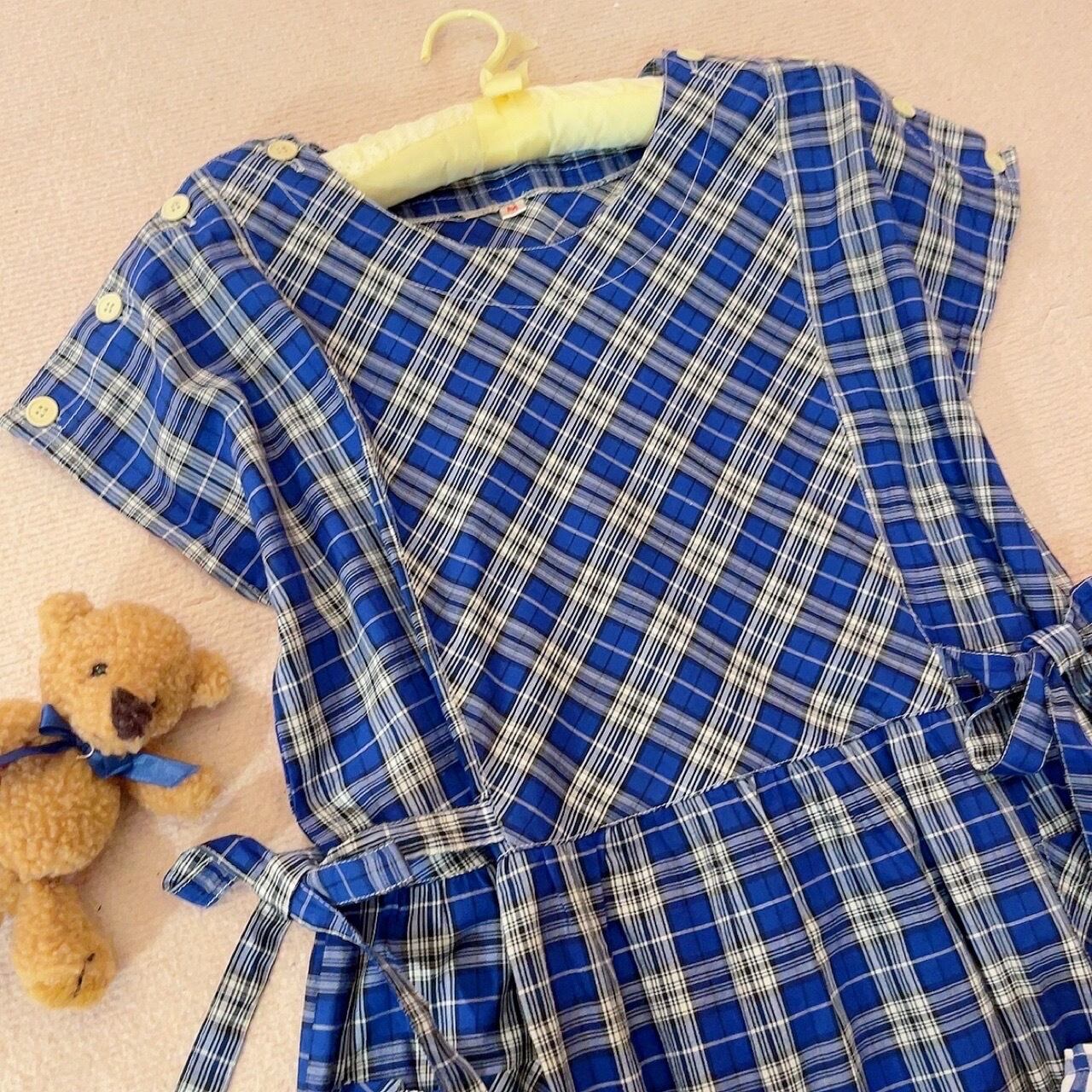 blue white check cotton one-piece