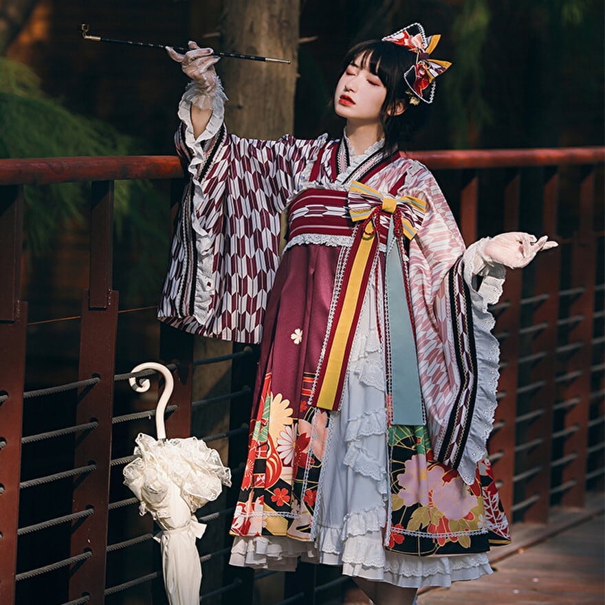 サブカル 服 地雷系 通販 予約販売 サブカルファッション 着物 セットアップ 大正浪漫 矢絣柄(やがすり)レトロ ガーリー