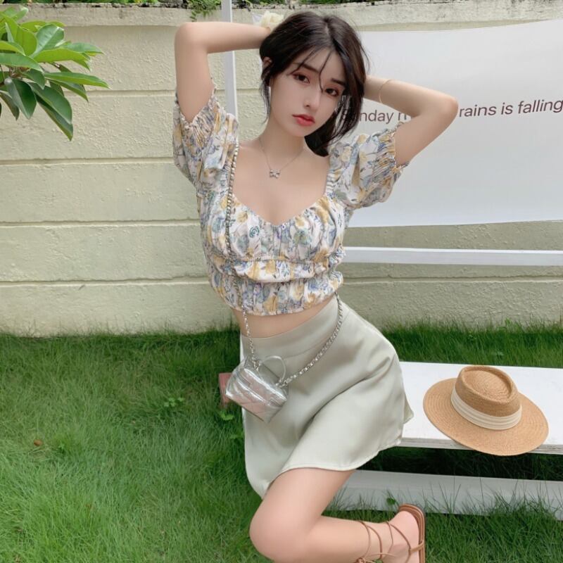 スタイルプリーツスリーブフローラルシフォンシャツ ハイウェストウェスト薄手スカート 花柄 スクウェア ハンチェンe28315759618