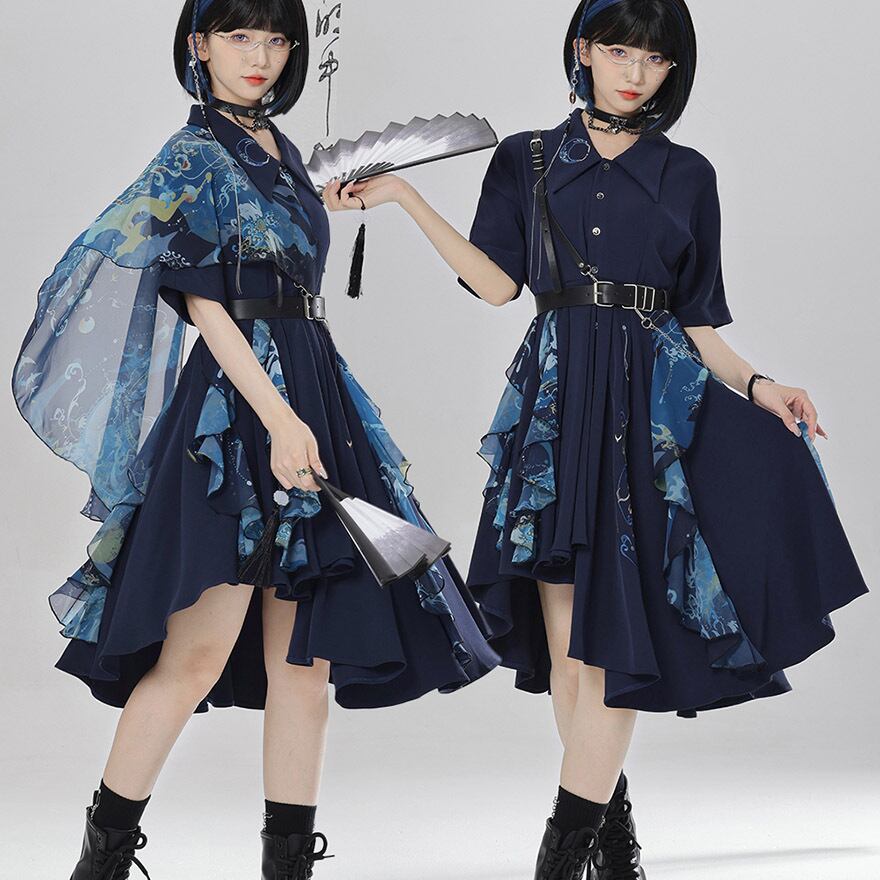 中華ロリィタ 地雷系 ワンピース 半袖 レイヤード ショール付き 卿棠オリジナル