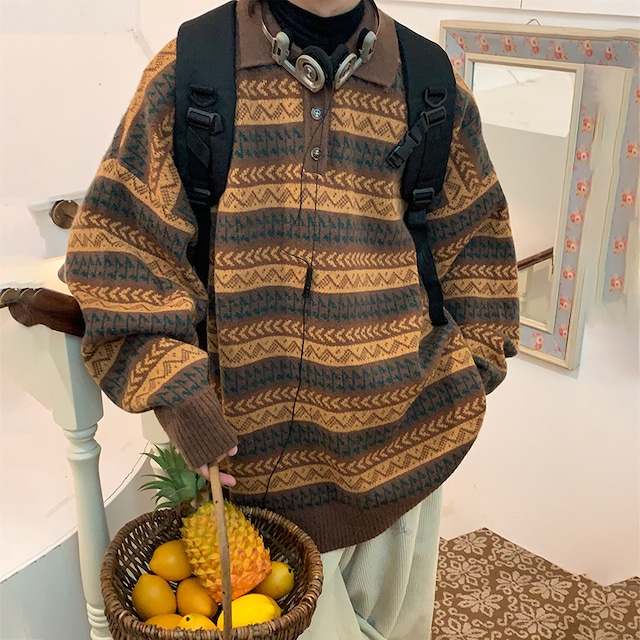 ♥ポロ襟がきまる、ビンテージニット！【UATONLINEシリーズ】★セーター★ ユニセックス ニットトップス 横縞 縞模様 POLOネック