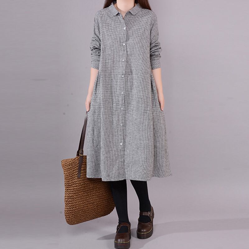初回送料無料プラスサイズのルーズコットンリネンドレスチェック柄