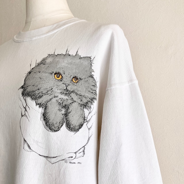 1990s Pocket Gray Cat Sweatshirt made in USA