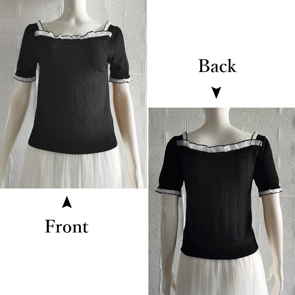 スクエアネック ニット 半袖 レディース トップス 春夏 韓国 おしゃれ きれいめ シンプル レース付き 大人 カジュアル リブニット 大人可愛い 大人女子