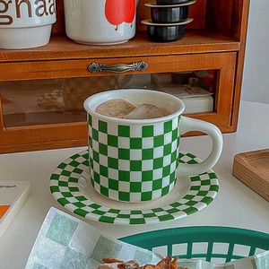 vintage green white checkerboard cup saucer set / ヴィンテージ グリーン チェッカーボード チェック コーヒーカップ ソーサー セット 韓国 北欧 雑貨