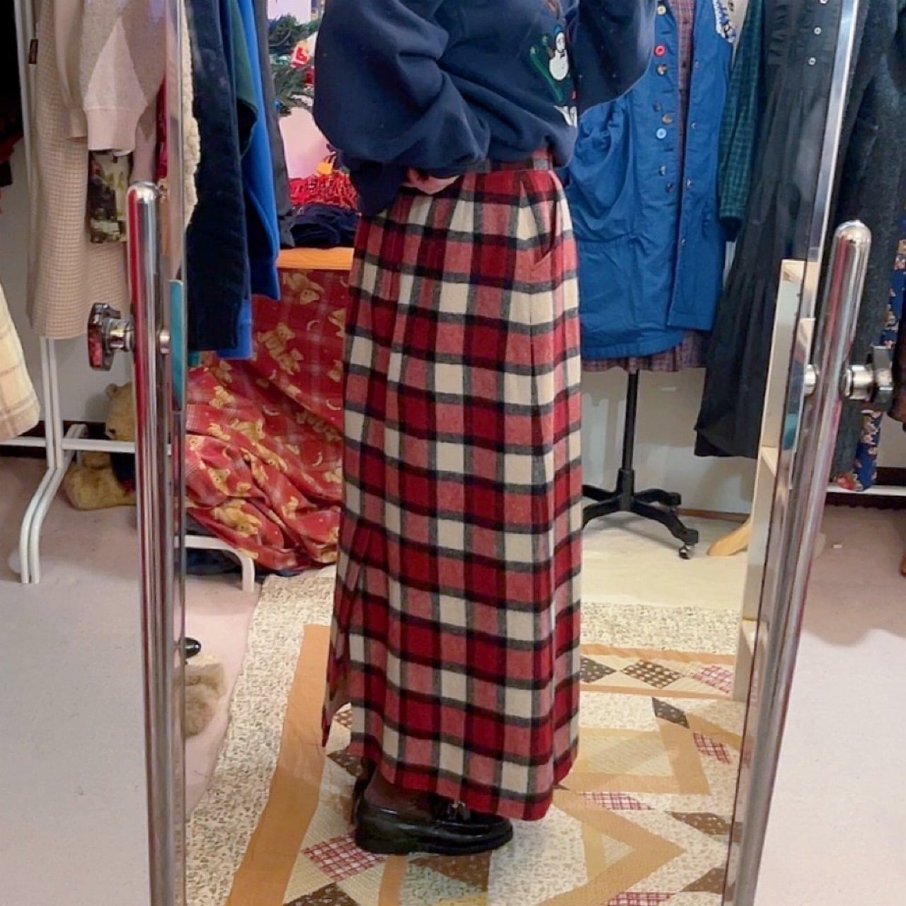 red block check wool long skirt