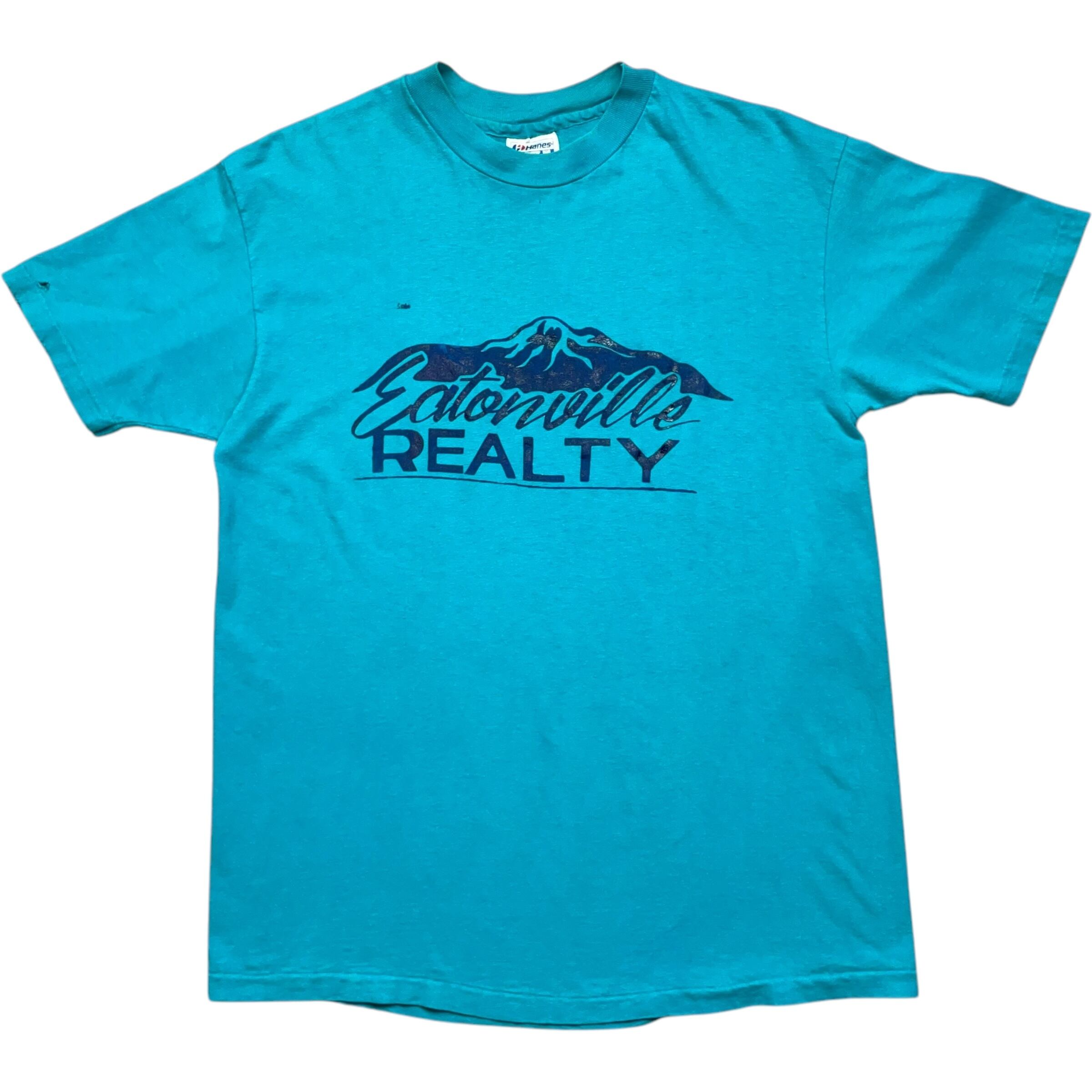 《L》 Hanes ヘインズ Tシャツ フロントプリント スカイブルー ダメージ 雰囲気 シングルステッチ USA製 80年代 vintage no.7153