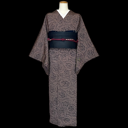 小紋 薔薇 袷着物 着物 きもの カジュアル着物 リサイクル着物 kimono 中古 仕立て上がり 身丈152cm 裄丈63cm