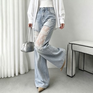 ダメージ デニム パンツ レディース レース ワイドパンツ 韓国 ストリート Y2K ジーンズ クラッシュ 透け感 ハイウエスト ジーパン 春夏秋 美脚 体型カバー ゆるカジ [LS-CGP028]