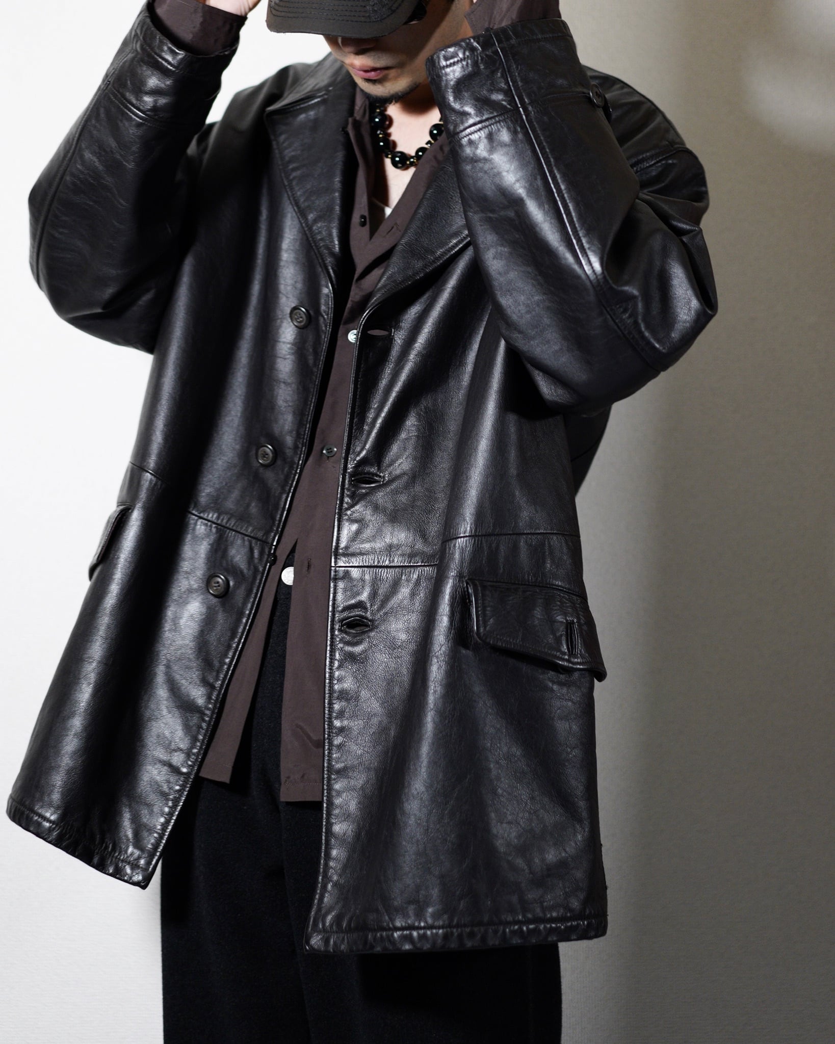 ARMANI JEANS 90s レザーカーコート car coat 90s ARMANI JEANS】Leather Car Coat Black | used.memento