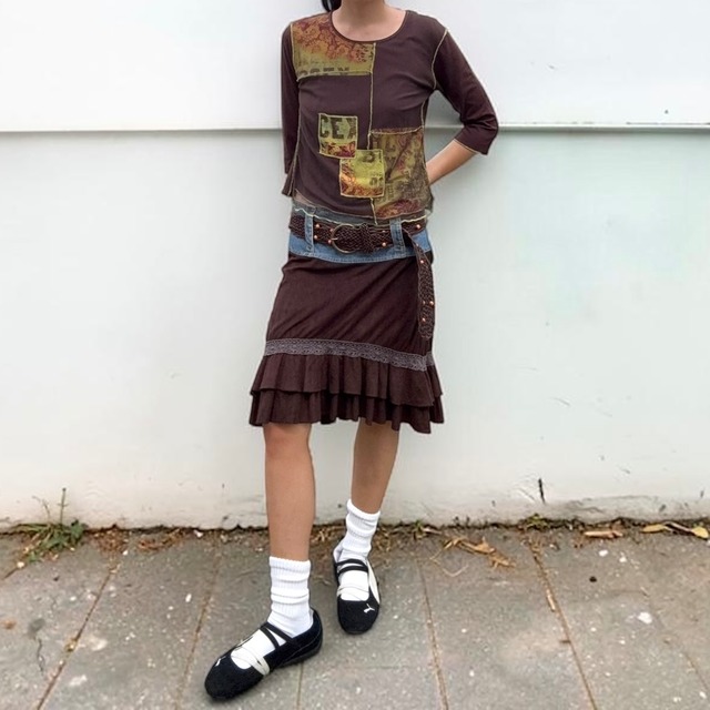 【LADIES】Denim × Brown Suede Docking Skirt - Size 40