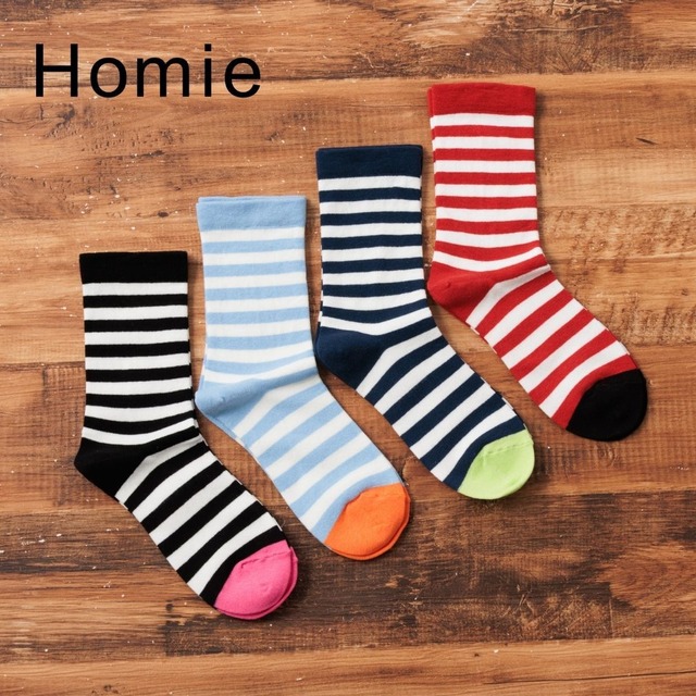 ホミー Homie 靴下 レディース おしゃれ ブランド 通年 オールシーズン コットンボーダーソックス 綿 日本製 国産 可愛い ボーダー 柄 バイカラー ギフト ピンク ブラック ネイビー レッド ブルー 22-24cm H-101 Hm066