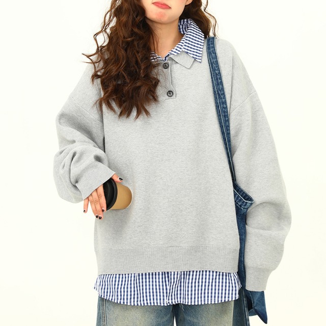 checked faux two-piece knit　チェック柄フェイクツーピースニット　J1501