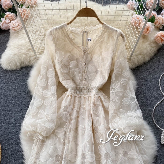 花モチーフ ワンピース ドレス Vネック 透け感 パール ボタン 高見え ♪(M5506)γα