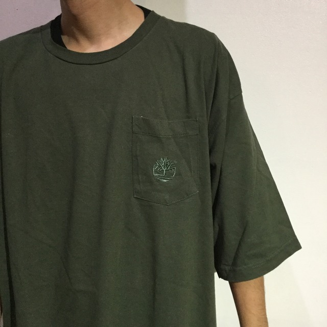 90s Timberland ロゴ刺繍ポケットTシャツ XL USA製 カーキ
