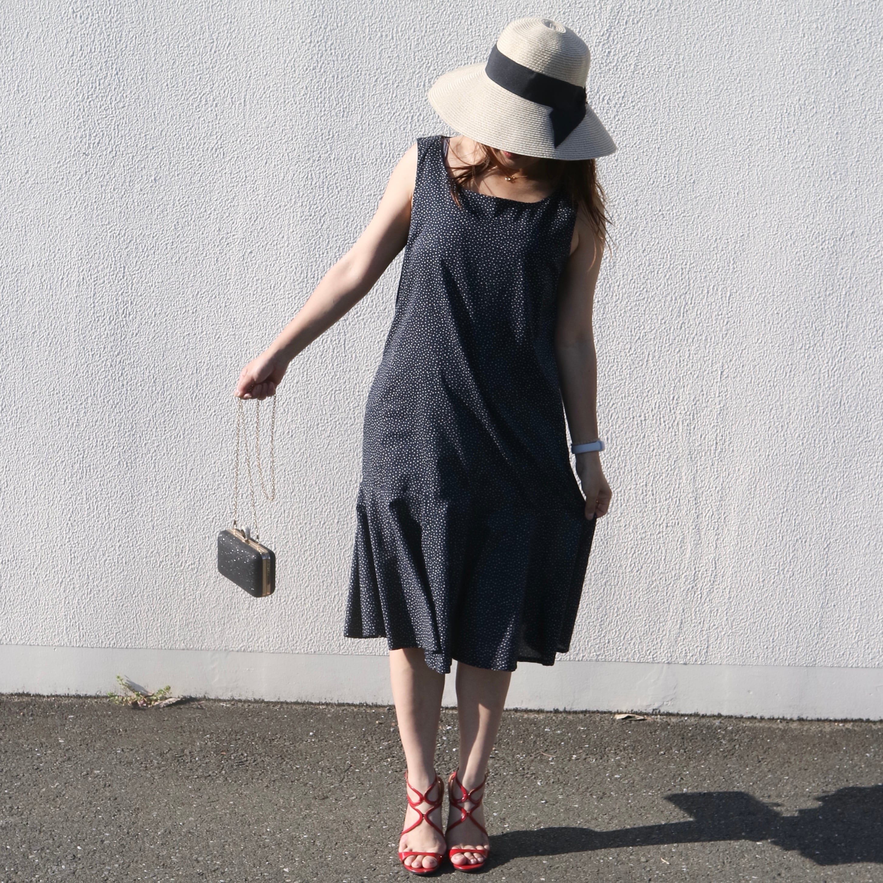 Anna~気狂いピエロのフレアドレス Navy dot flare dress,Style by Anna