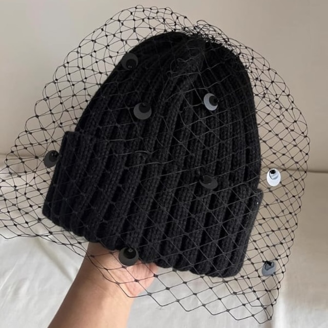 スパンコールメッシュ ニットキャップ ブラック BO00019 スパンコールメッシュ ニットキャップ ブラック BO00019