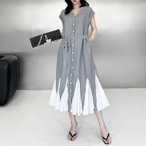 STRIPED V-NECK CHIFFON PANEL MIDI SHIRT DRESS M-17739