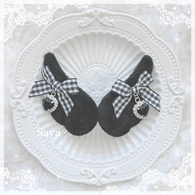♡【Sayakadoll Original】【2個set】天使界隈 天使の羽 クリスタルハートチャーム リボンヘアクリップ white×black ♡