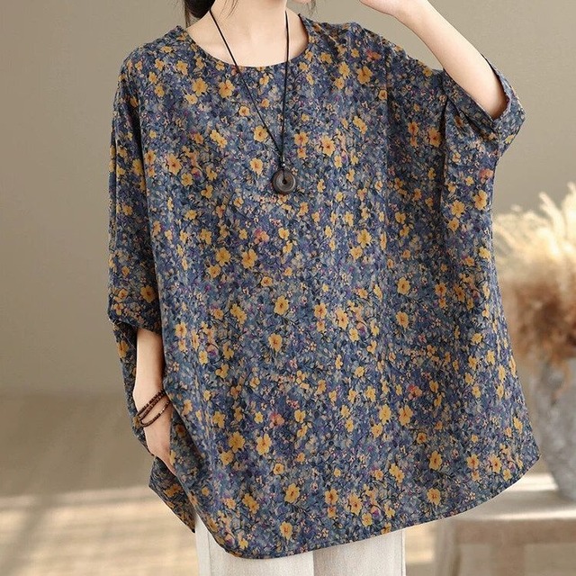 FLOWER PRINT BOAT NECK 3/4 SLEEVES TUNIC TOP 1color M-16192