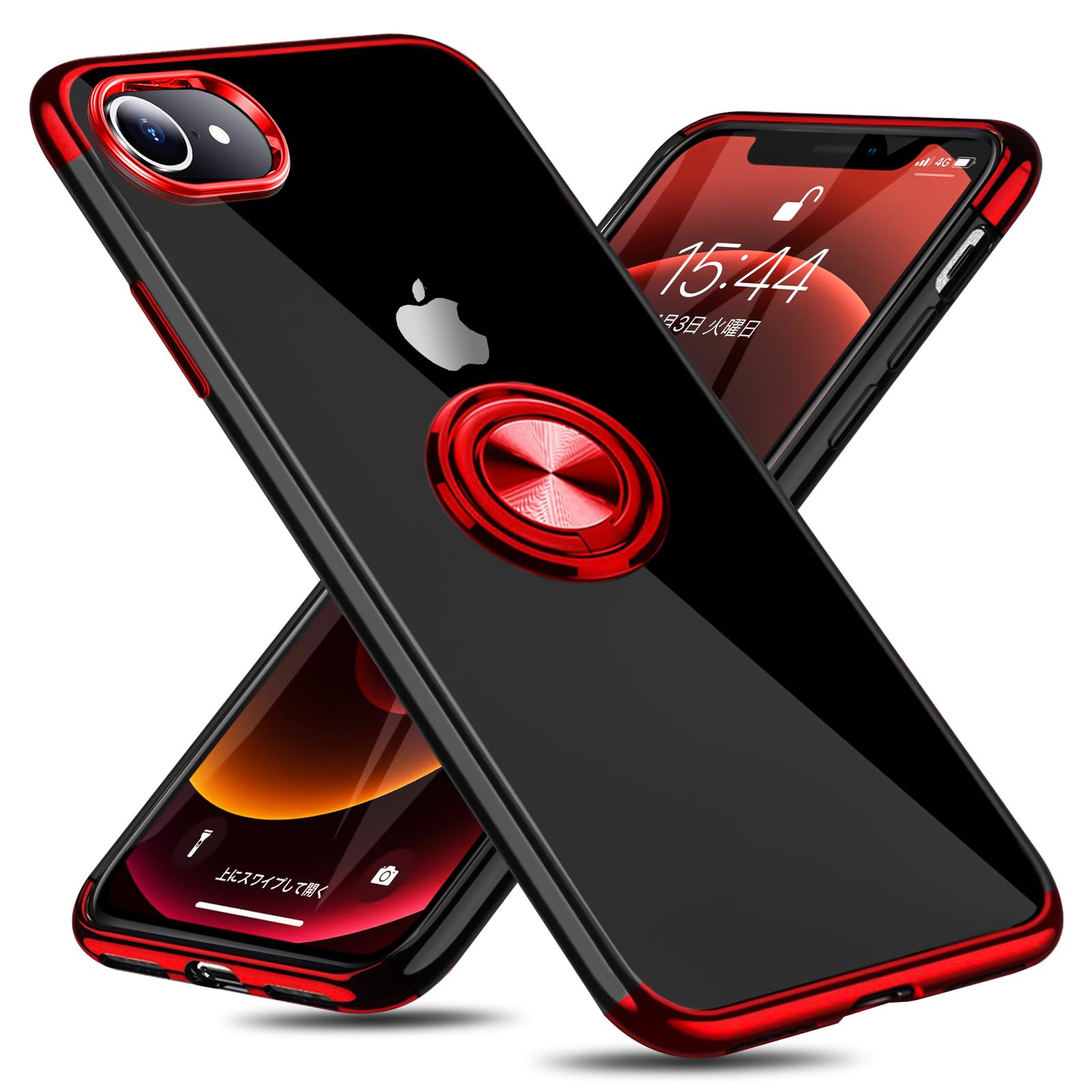 QOUNVYW 向け iPhone 16e 用のケース リング付き クリア 耐衝撃 スタンド機能 透明 TPU レッド