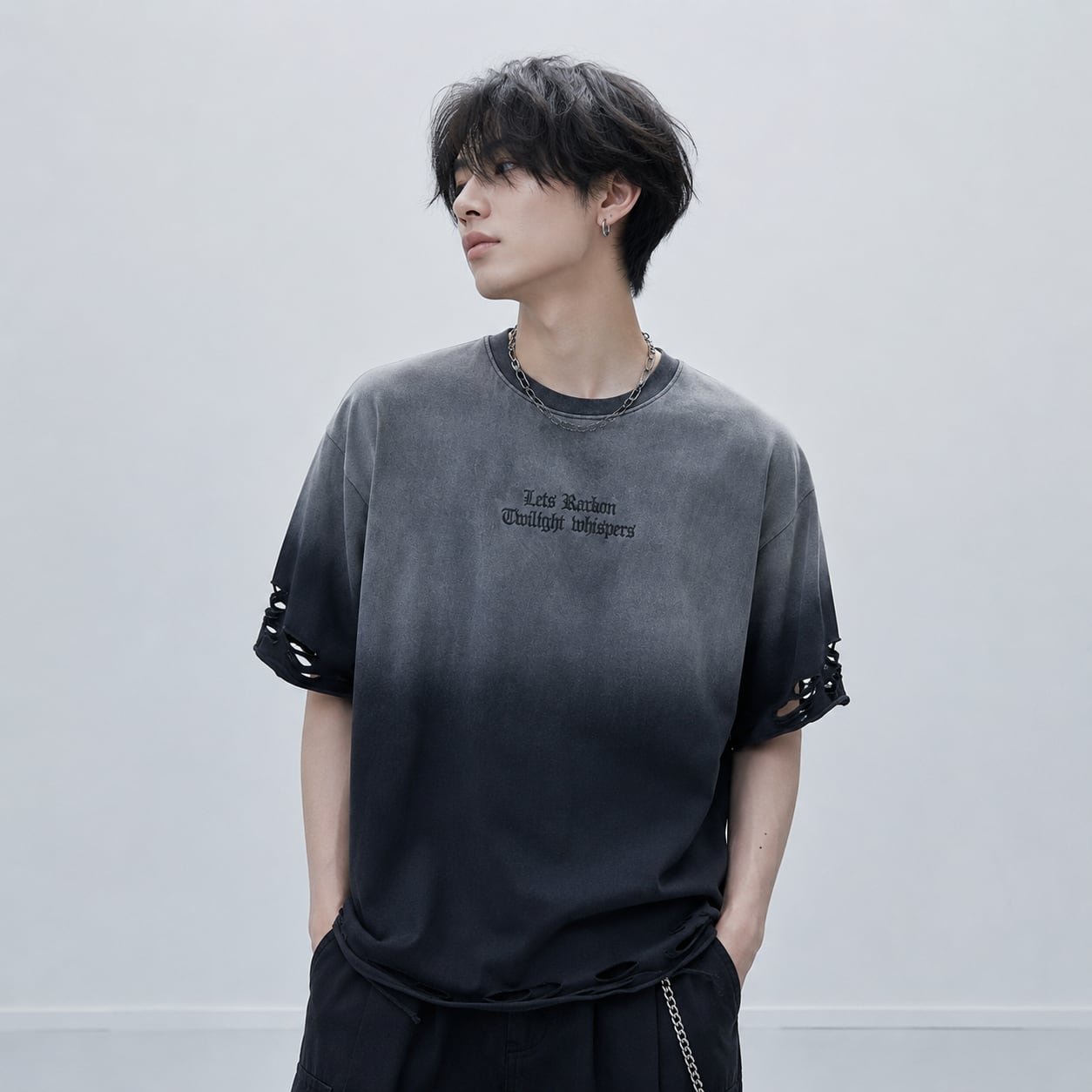 Cut Hole Gradient Distressed Short-Sleeve T-Shirt 0003