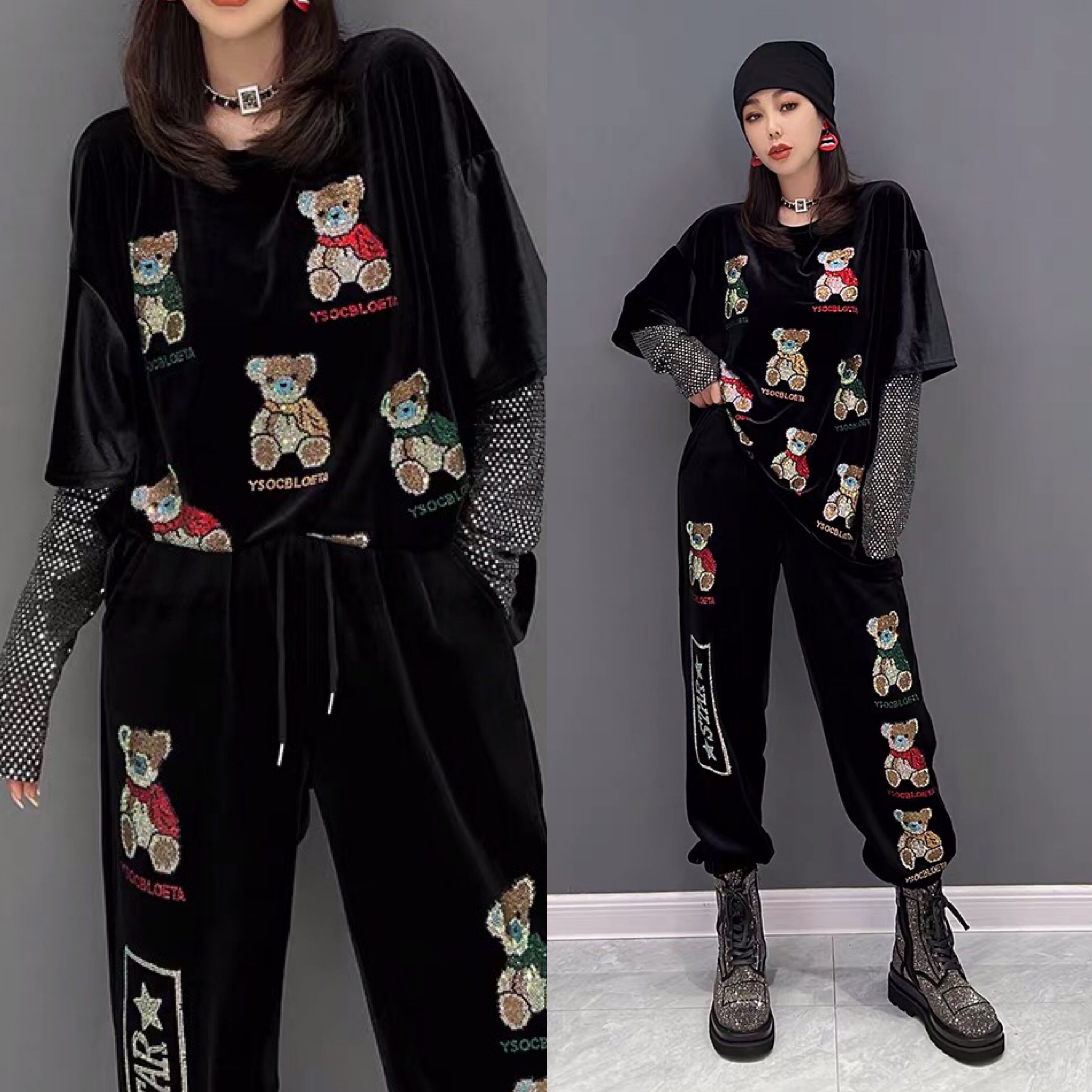 セットアップ くまさん キラキラ 黒 デコレーション トップス パンツ 
