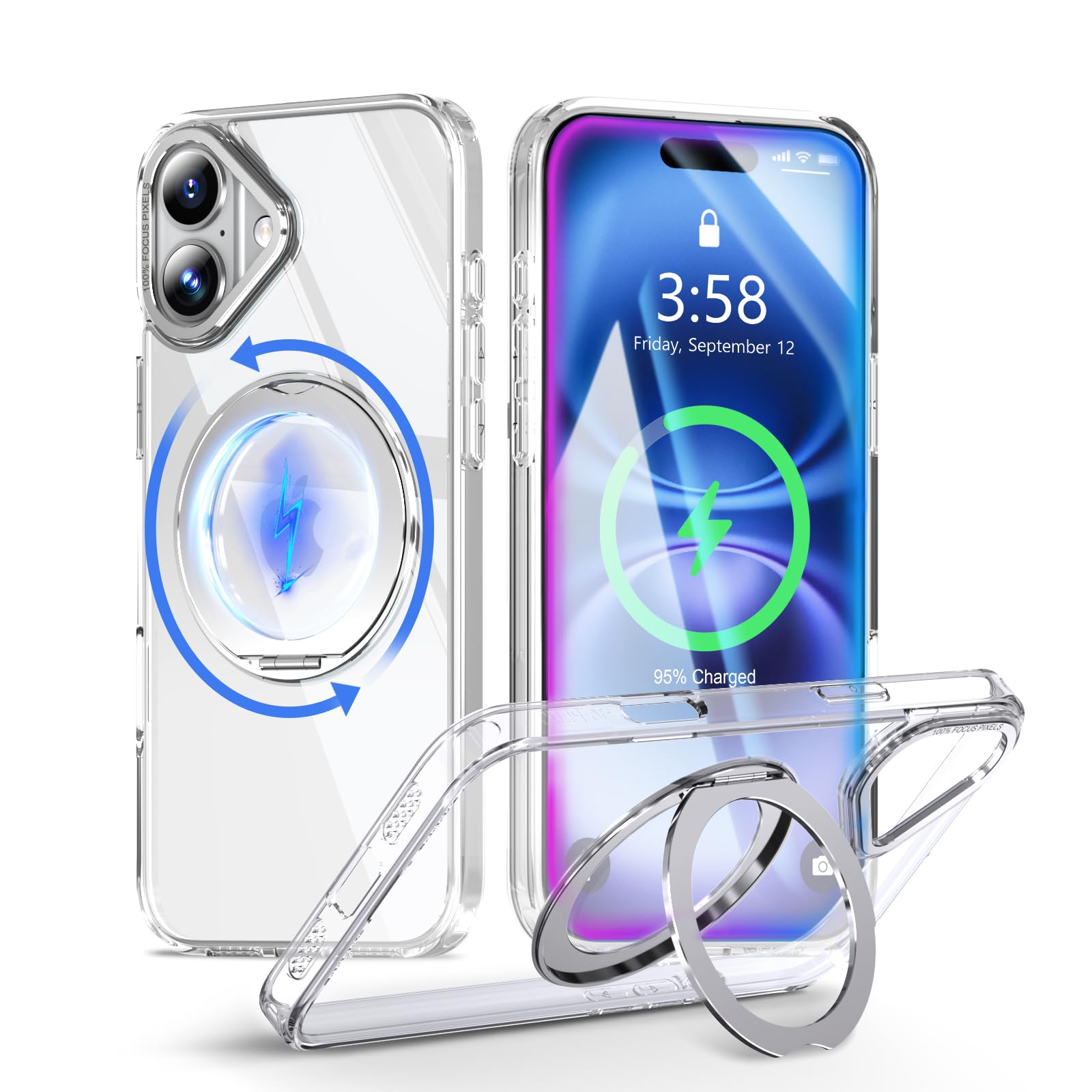 MINIKA iPhone 16 用 ケース Magsafe対応 360度回転 スタンド付き 多機能 スマホケース【クリア】