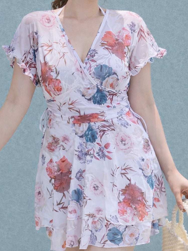 上品フェミニン 花柄カシュクールワンピース水着 フリル袖 体型カバー 露出控えめ スカートタイプ 大きいサイズ 韓国 CH11646