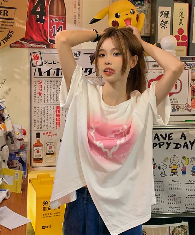 プリントTシャツ サマー薄手スタイルカジュアルルーズトップス 夏物 ブラックストロベリース29857753410