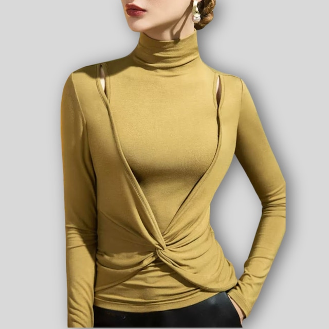 ハイネック ショルダーカット ツイスト スリム トップス 3col D00532