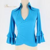 フラメンコ 衣装 トップス ブラウス ブルー系 イチオク 無地 シンプル 練習 レッスン 伸縮 ストレッチ 水色 ICHIOKU フリル ボランテ 長袖 鮮やか 華やか 襟 上品 かわいい イベント ステージ ダンス衣装