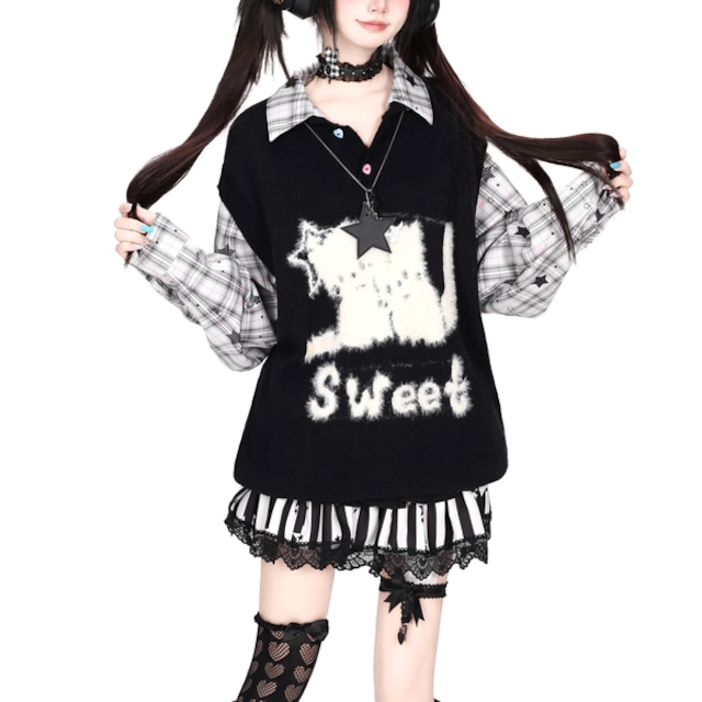 キャットパッチチェックフェイクレイヤードニット(2カラー)(lli_7356)