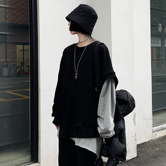 カジュアル ストリート ツーピース レディース レイヤード トップス ロングtシャツ 変形 トレーナー アシンメトリー カットソー ロング丈 トレンド 無地 ブラック グレー スタイルアップ 体型カバー 大人 クール シンプル シック ワイルド メンズライク おしゃれ 男ウケ