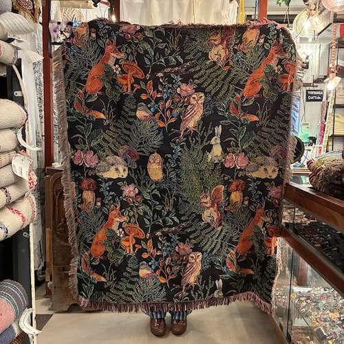 TOPANGA Homefurnishing Forest animal Throwket　フォレストアニマルスローケット　130×160cm　ブラック　キツネ　フクロウ　リス　森の動物　ソファカバー　ベッドカバー　ブランケット　カーテン
