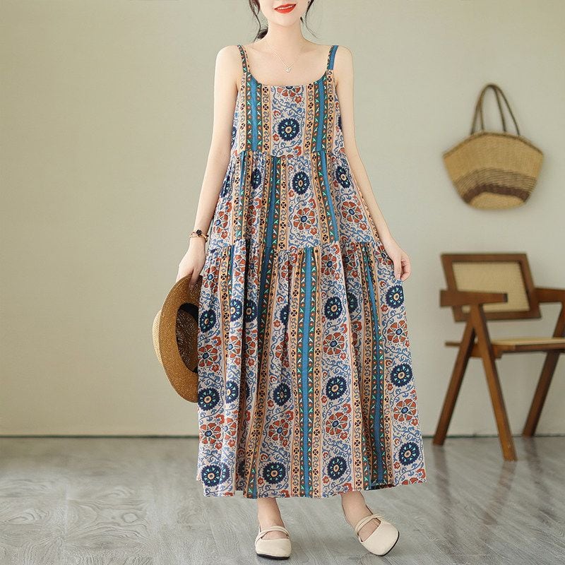 PRINT SLEEVELESS STRAP LONG MAXI SLIP DRESS M-18037
