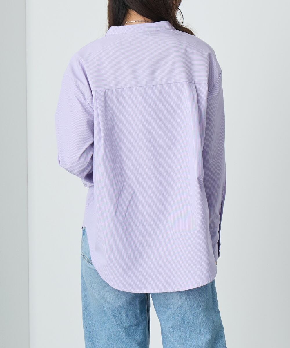 日本製　ノーカラー　シャツ　ストライプ　バンドカラー No.24006 ストライプバンドカラーシャツ lavender | エルキカク