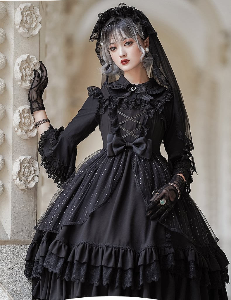 ♞ロリータ シンプルな黒ワンピース ドレス ゴスロリ ୨୧送料無料