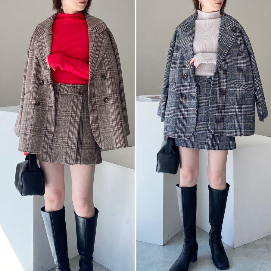 ◇即納◇グレンチェックテーラードジャケット＆スカートスタイル  