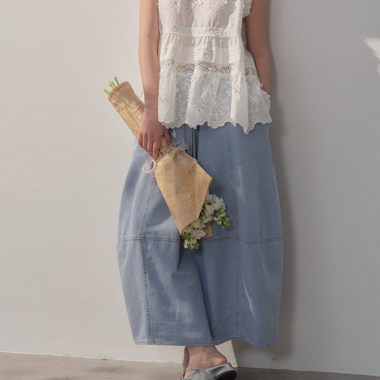 Drawstring Midi A-line Skirt T4446
