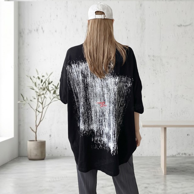 【即納】Y-4945　2026夏新作♡PLACEペイントプリント半袖ワイドシルエットTシャツ　ブラック　0609
