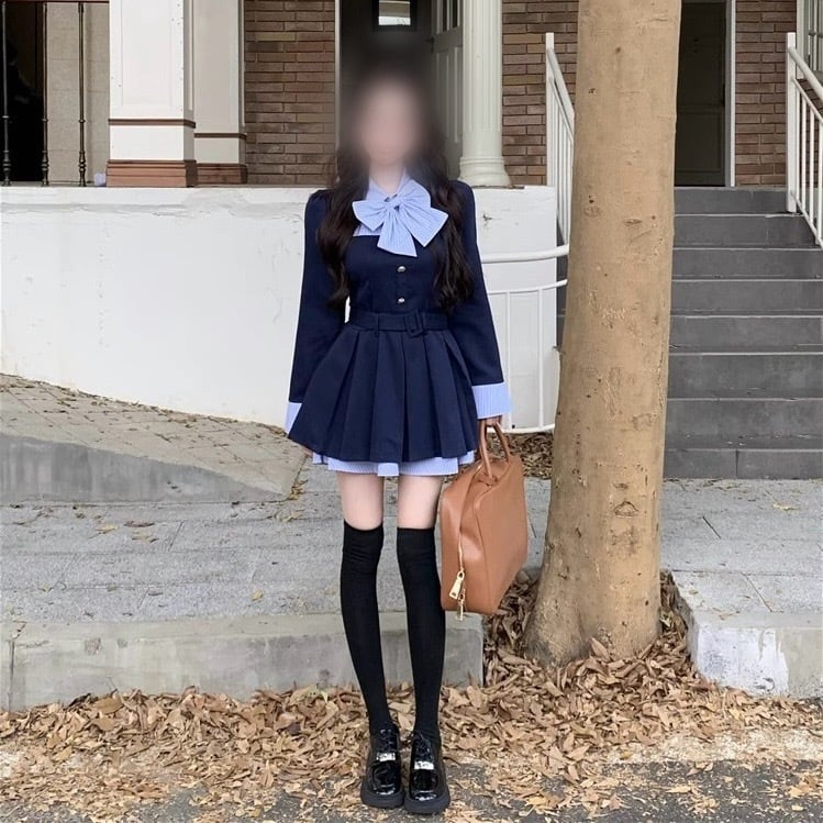 ワンピース レディース 令嬢系 ワンホン 制服風 リボン プリーツ