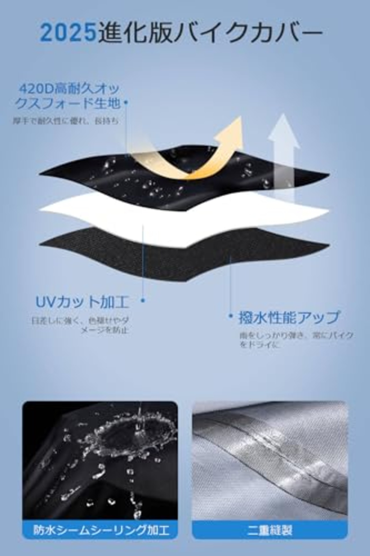 バイクカバー 420D厚手 【2025年新版＆湿気対策&両側通気口】 バイク用レインカバー 車体カバー 防水 耐熱 オートバイカバー 大型 二重縫製 破れにくい 警告反射テープ5枚 盗難防止ロック穴 ワンタッチバックル前後付き 裾を絞るゴム 耐熱 紫外線防止 UVカット 防風 防埃 防雨 防雪 盗難防止 バイク用車体カバー 収納バッグ付き XL
